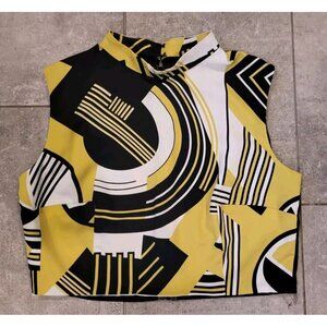 Asos Sleeveless Art Deco Mod High Neck Crop Top Black Yellow White Sz 14